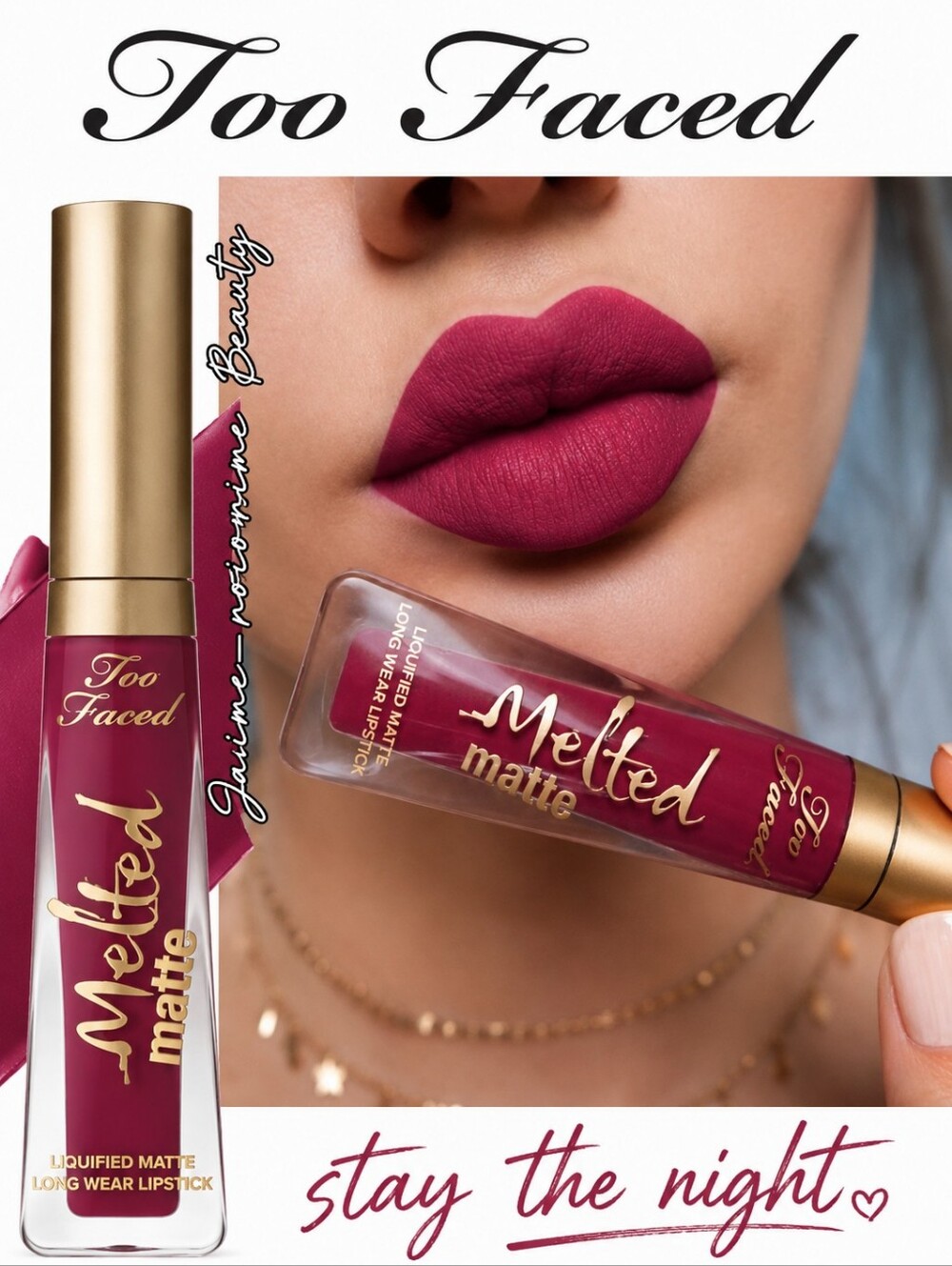 Too Faced Liquid Matte Liquid Lipstick -Stay the Night- No Sting Plump - Berry